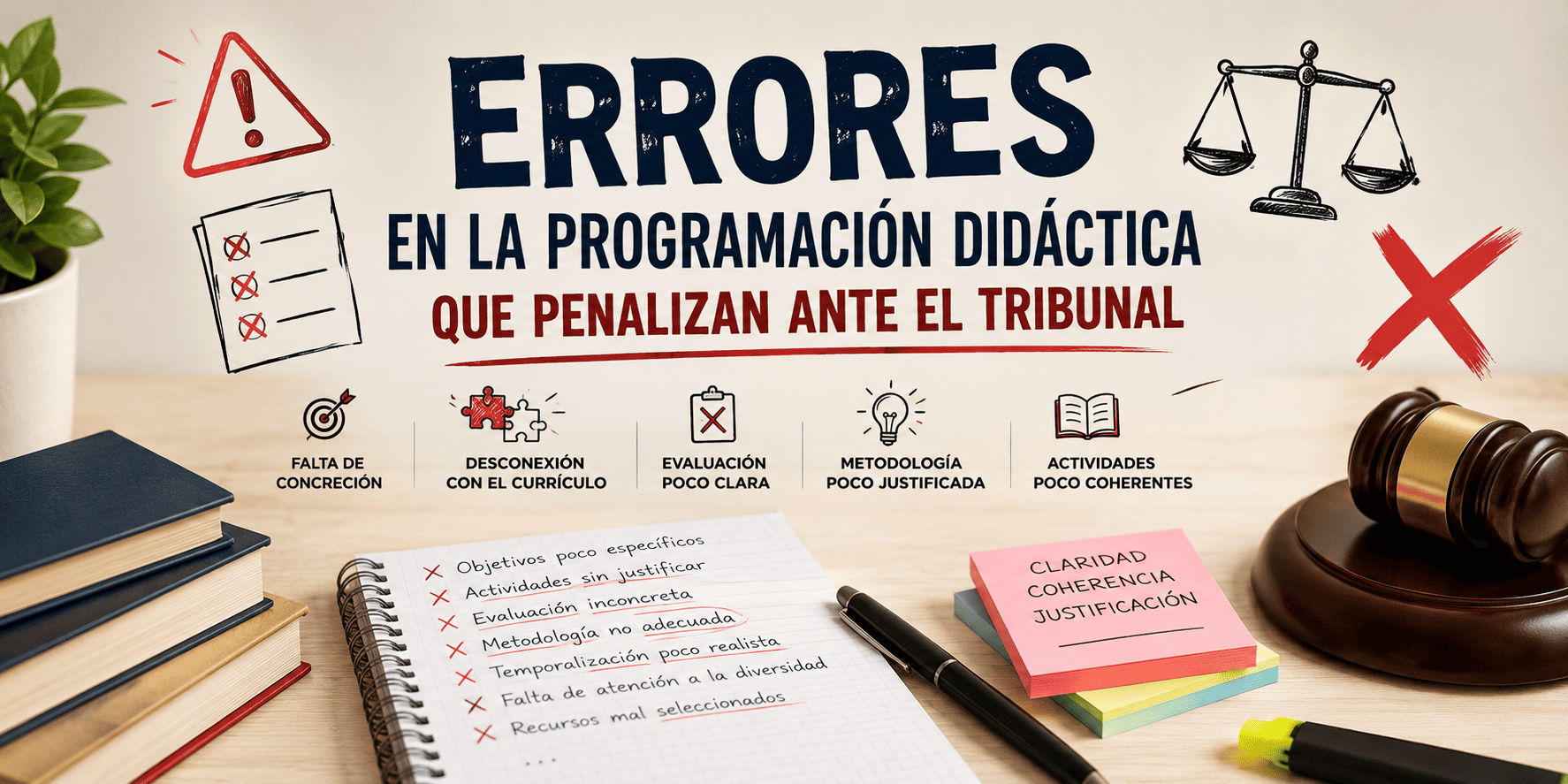 Tribunal de oposiciones docentes revisando una programación didáctica con errores marcados en rojo