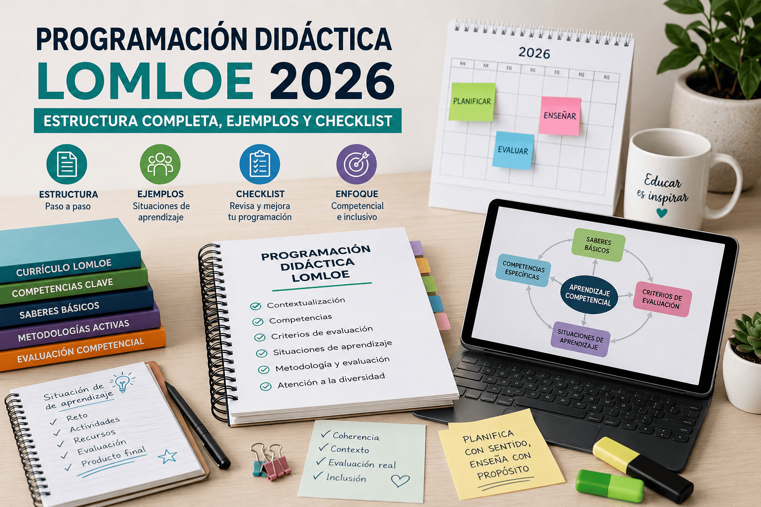 Docente preparando una programación didáctica LOMLOE 2026 con checklist, estructura y ejemplos para oposiciones