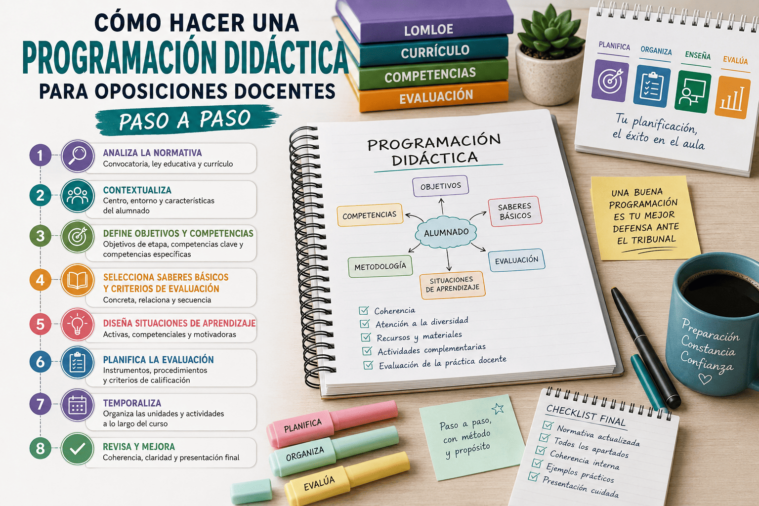 Docente elaborando su programación didáctica para oposiciones paso a paso con normativa LOMLOE